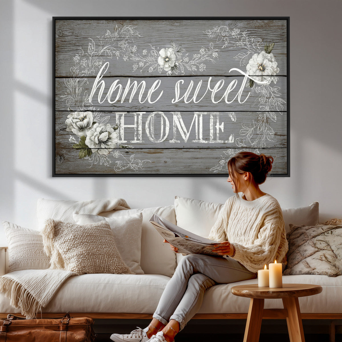 Home Sweet Home Sign Wall Art Canvas Print, Floral Farmhouse Decor