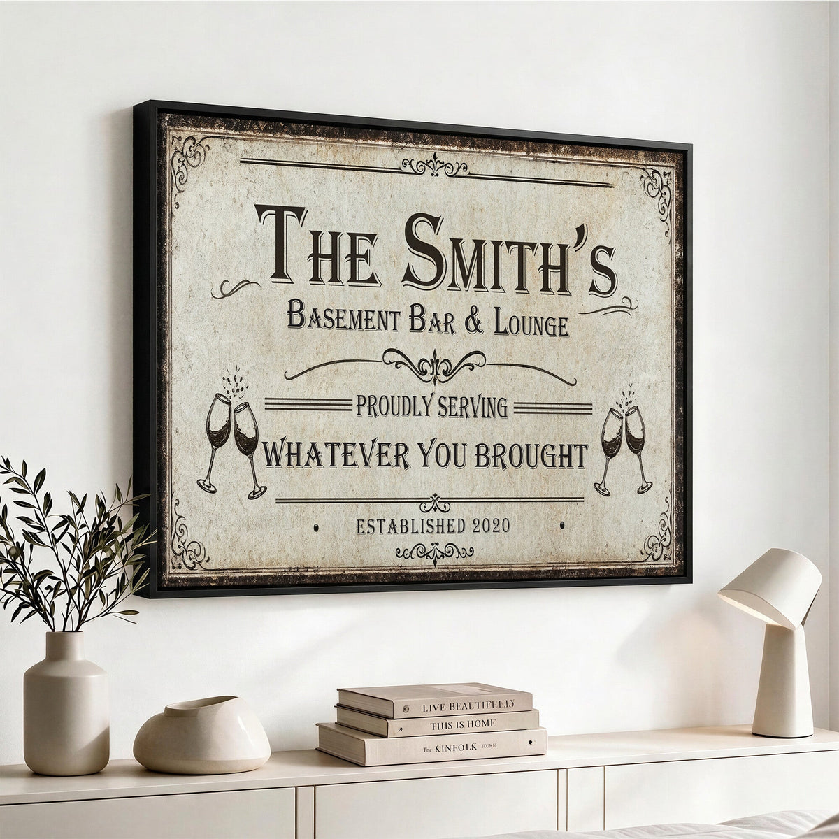 Custom Basement Bar & Lounge Sign Canvas, Personalized Family Name Art