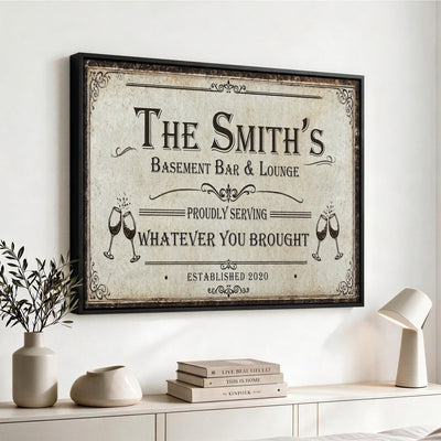 Custom Basement Bar & Lounge Sign Canvas, Personalized Family Name Art
