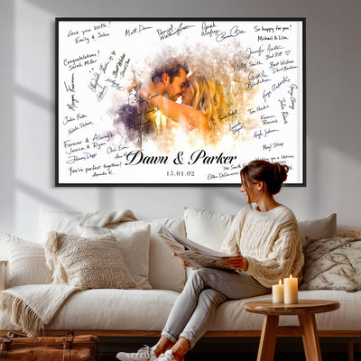 74713307-MGV-CV-36X24 - Wedding Guest Book Alternative Wall Art Canvas Print, Personalized Couple Photo Guestbook Wedding Signature Poster, Custom Couple Photo Guestbook Canvas, Bridal Shower Reception Decor