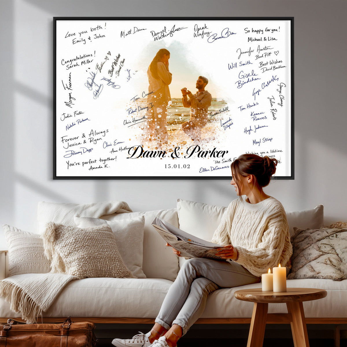 75692697-MGV-CV-36X24 - Wedding Guest Book Alternative Wall Art Canvas Print, Personalized Couple Photo Guestbook Wedding Signature Poster, Custom Couple Photo Guestbook Canvas, Bridal Shower Reception Decor