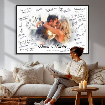 14788122-MGV-CV-36X24 - Wedding Guest Book Alternative Wall Art Canvas Print, Personalized Couple Photo Guestbook Wedding Signature Poster, Custom Couple Photo Guestbook Canvas, Bridal Shower Reception Decor