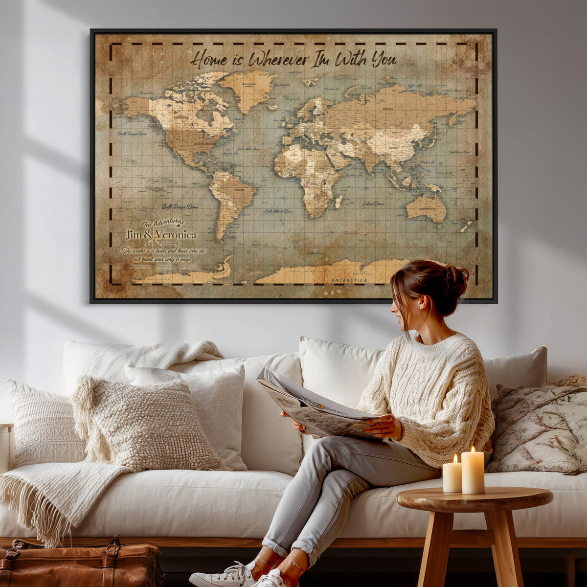 97123877-MGV-CV-36X24 - Vintage Custom Push Pin World Map Print | Vintage Travel Map Canvas, Personalized Names Anniversary Gift, Places Visited Pin Board