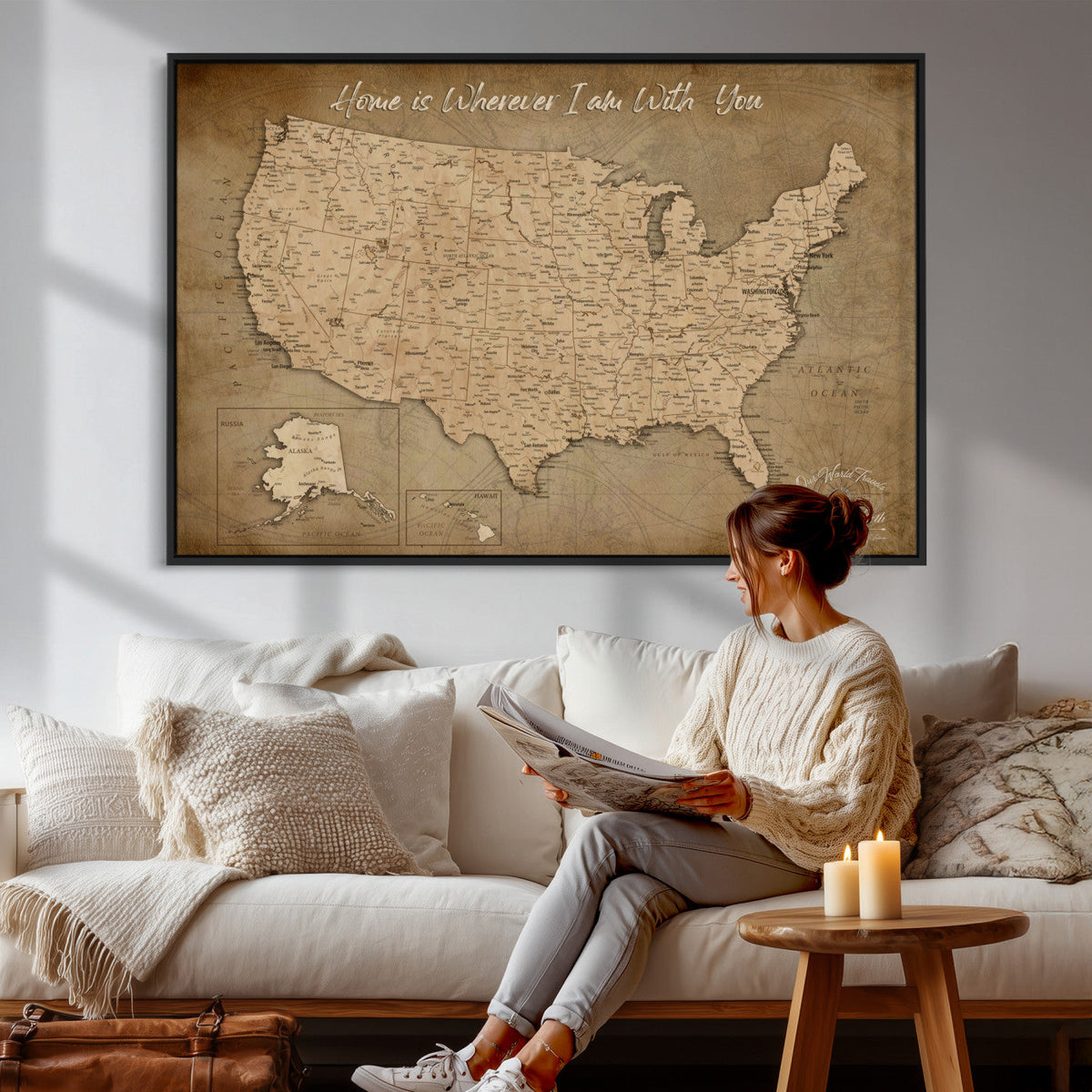 21454917-MGV-CV-36X24 - Personalized USA Push Pin Travel Map, Custom United States Map, Push Pin Map, USA Bucket List Map, Anniversary Gift | Couple Travel Map Wall Art