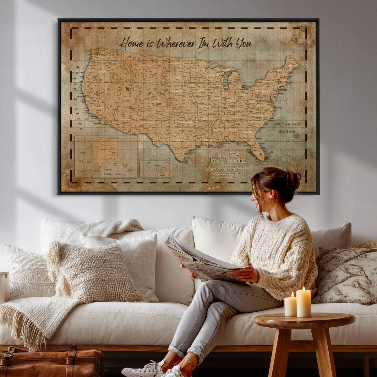 87620242-MGV-CV-36X24 - Personalized USA Push Pin Travel Map Wall Art Canvas Print | Custom United States Map | Push Pin Map - USA Bucket List Map