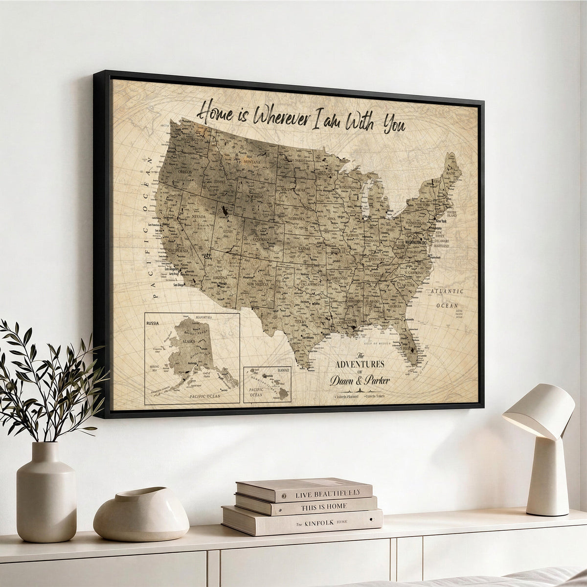 25440520-MGV-CV-36X24 - Detailed Personalized Push Pin United States Map Wall Art, States Visited Map, Office and Hallway Decor