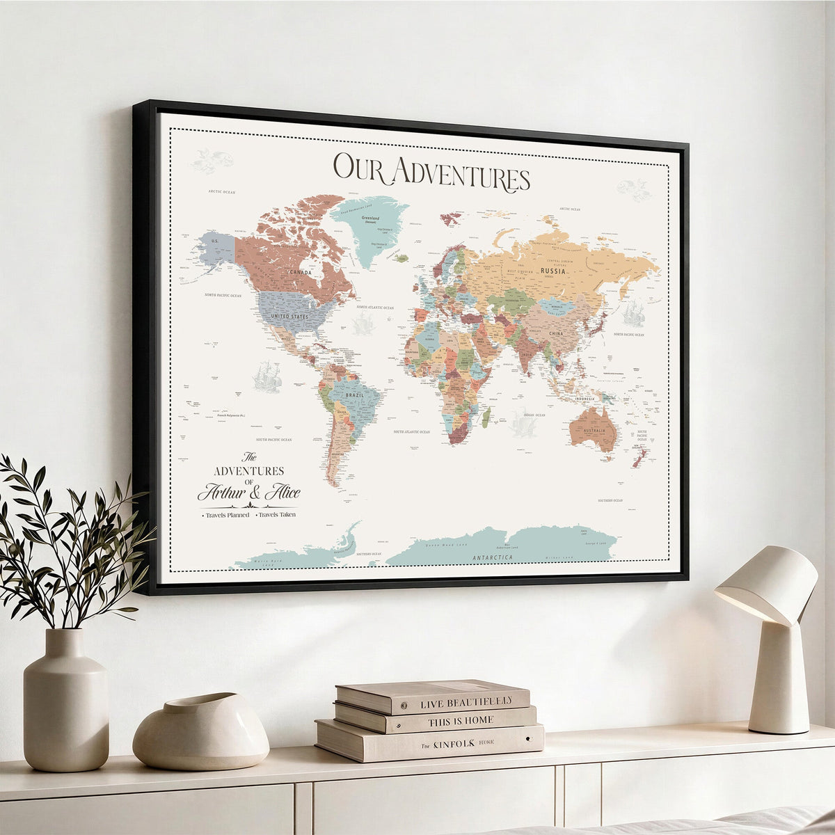 Personalized Framed Navy Push Pin World Map Canvas Print, Next Trip Planner Map, Living Room and Entryway Decor