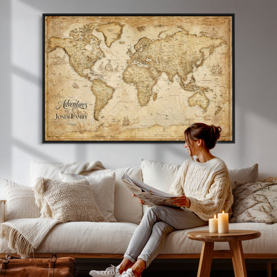 60956619-MGV-CV-36X24 - Custom Push Pin World Map Canvas Print | Personalized Travel Map Wall Art