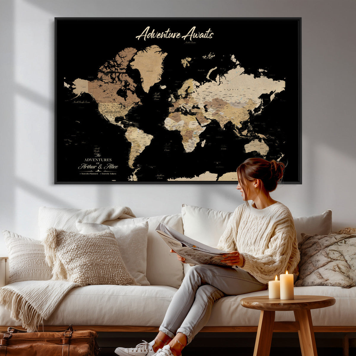 88415067-MGV-CV-36X24 - Custom Push Pin World Map Canvas Print | Personalized Travel Map Wall Art