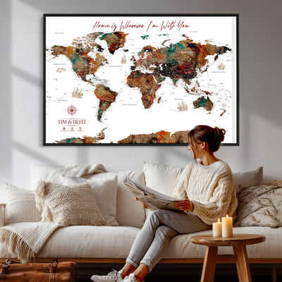 116MESUT-MGV-CV-36X24 - Custom Push Pin World Map Canvas Print | Personalized Travel Map Wall Art