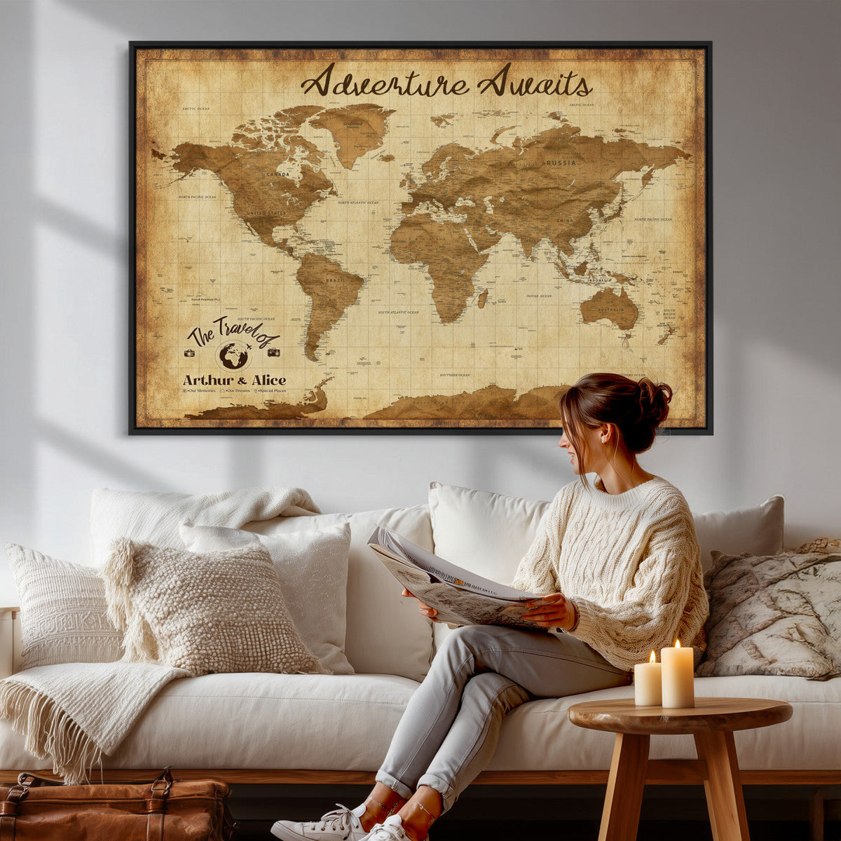 43427501-MGV-CV-36X24 - Custom Push Pin World Map Canvas Print | Personalized Travel Map Wall Art