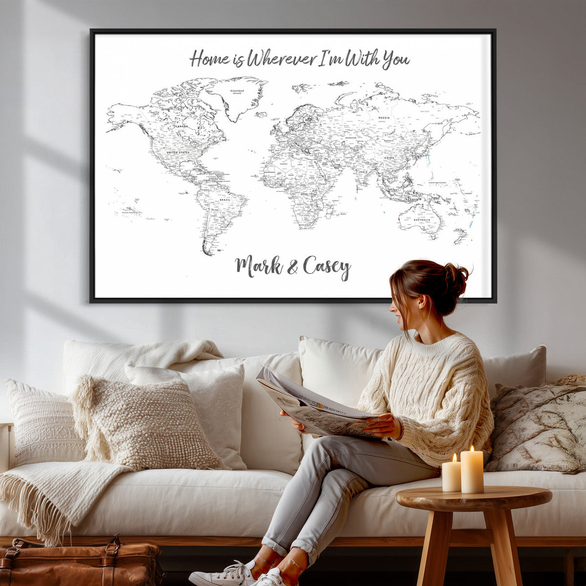 84721465-MGV-CV-36X24 - Custom Push Pin World Map Canvas Print | Personalized Travel Map Wall Art
