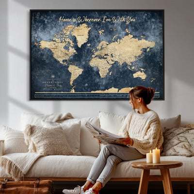 400867BL-MGV-CV-36X24 - Framed Blue Custom Push Pin World Map Canvas Print | Personalized Travel Map Wall Art