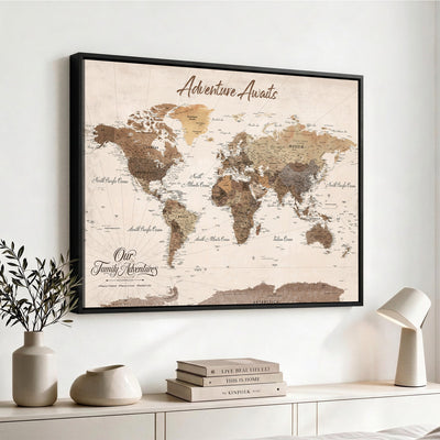 84865191-MGV-CV-36X24 - Our Family Adventures Push Pin World Map Wall Art Canvas Print - Family Travel Tracker Map with Pins