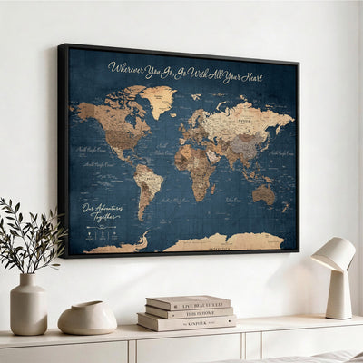 86810631-MGV-CV-36X24 - Our Family Adventures Push Pin World Map Wall Art Canvas Print - Family Travel Tracker Map with Pins