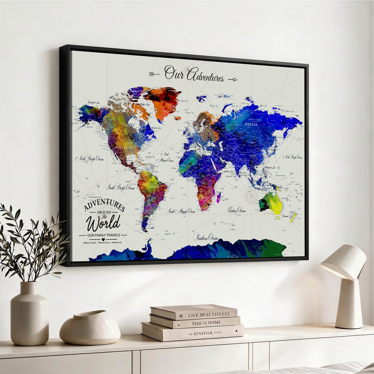 88162438-MGV-CV-36X24 - Our Family Adventures Push Pin World Map Wall Art Canvas Print | Family Travel Tracker Map with Pins