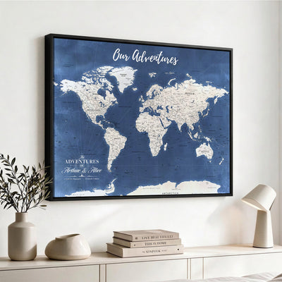 75405527-MGV-CV-36X24 - Extra Large Framed Personalize Push Pin World Map Wall Art Canvas Print for Travel Tracking - NEWMAP-113A