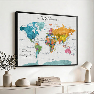 66743043-MGV-CV-36X24 - Extra Large Framed Personalize Push Pin World Map Wall Art Canvas Print for Travel Tracking - NEWMAP-131