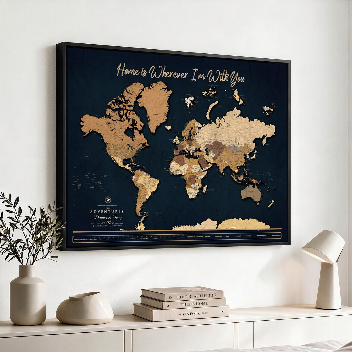 13903533-MGV-CV-36X24 - Extra Large Framed Personalize Push Pin World Map Wall Art Canvas Print for Travel Tracking - NEWMAP-152