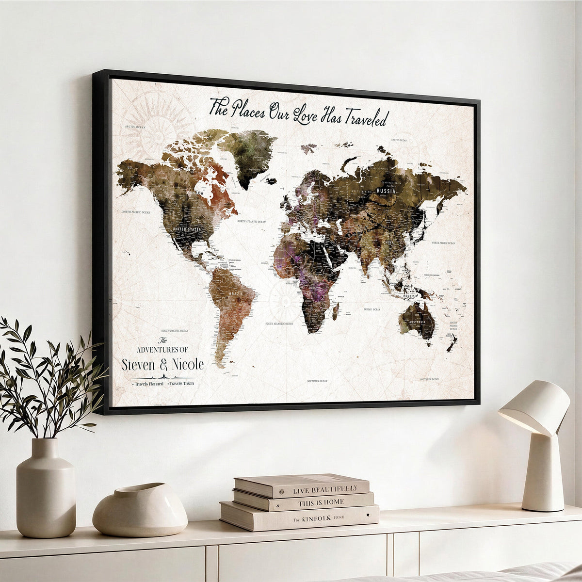 18074626D3D-MGV-CV-36X24 - Extra Large Framed Personalized Push Pin World Map Wall Art Canvas Print for Travel Tracking