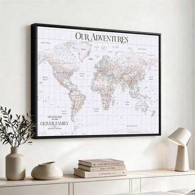18074626D3DD-MGV-CV-36X24 - Extra Large Framed Personalized Push Pin World Map Wall Art Canvas Print for Travel Tracking