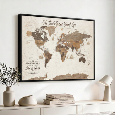 Personalized Beige Geometric Family Push Pin World Map Canvas Print, Honeymoon and Anniversary Gift, Living Room and Study Decor