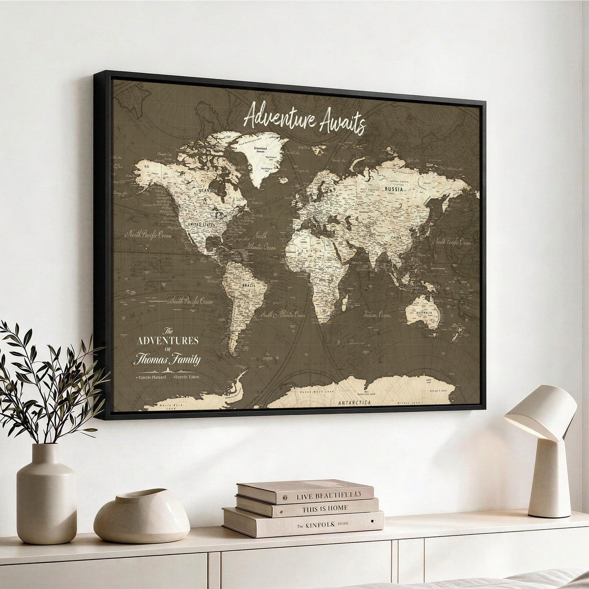 Personalized White Modern World Travel Map Wall Art with Pins, Honeymoon and Anniversary Gift, Living Room and Dining Room Decor