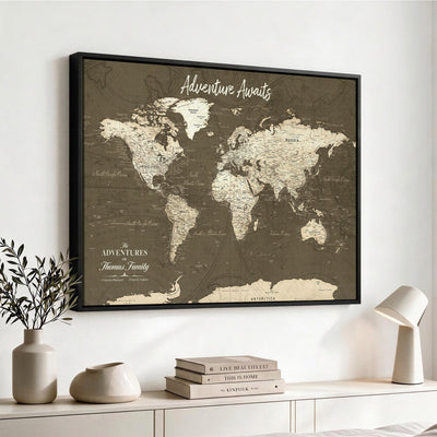 Personalized White Modern World Travel Map Wall Art with Pins, Honeymoon and Anniversary Gift, Living Room and Dining Room Decor