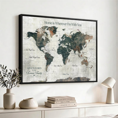 Personalized Framed Beige Push Pin Travel Map Canvas Print, Family Travel Tracker, Home Office and Hallway Decor