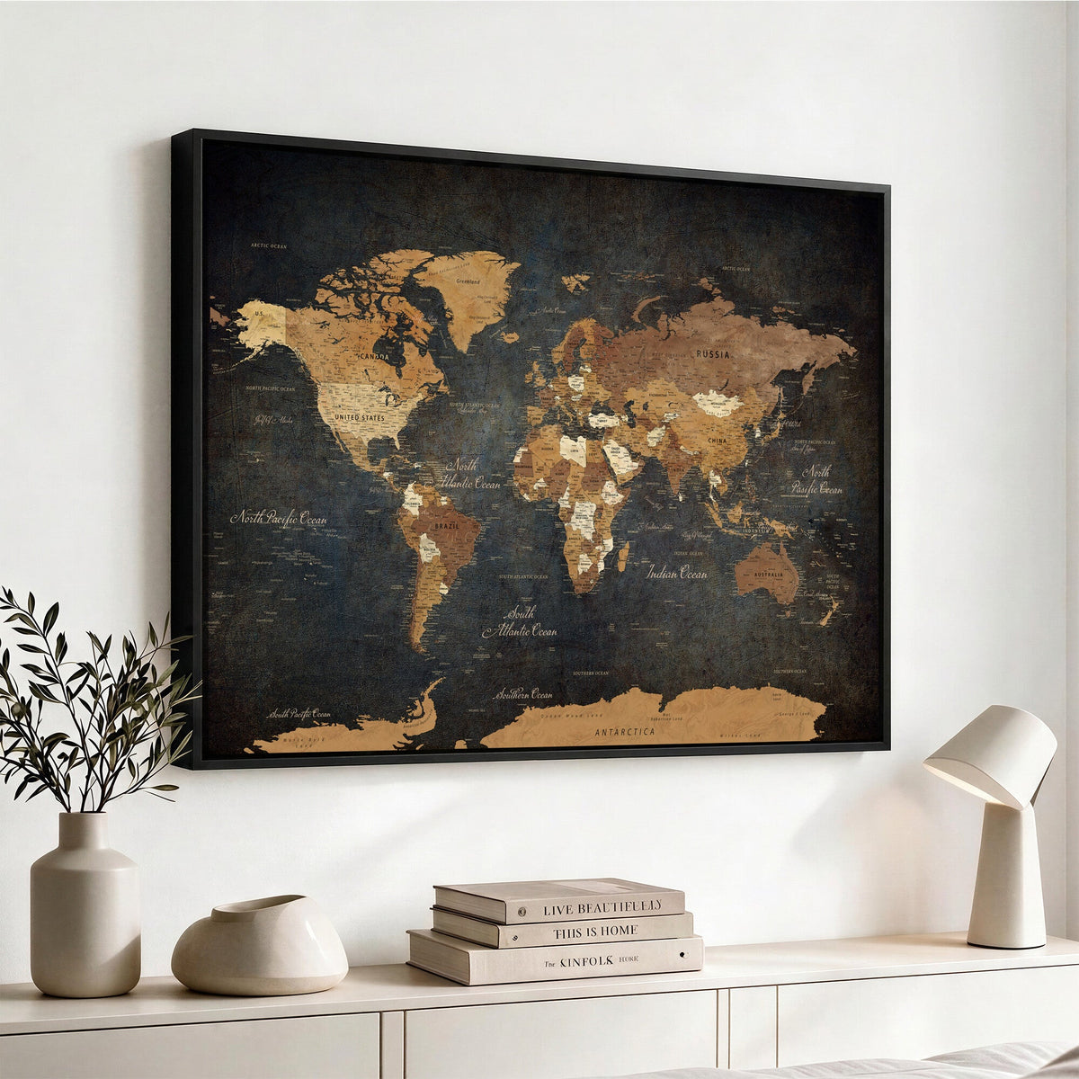 40660012D-MGV-CV-36X24 - Custom Push Pin World Map Wall Art Canvas Print – Personalized Travel Tracker with Pins Framed Large for Home and Office Decor