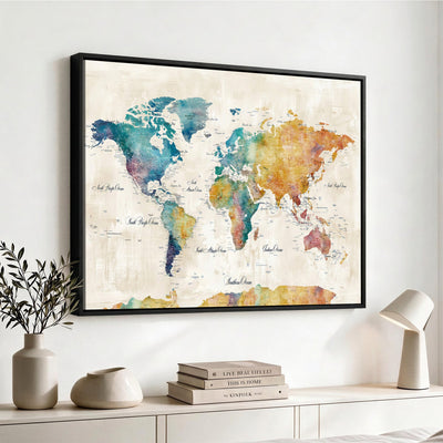 53654999D-MGV-CV-36X24 - Custom Push Pin World Map Wall Art Canvas Print – Personalized Travel Tracker with Pins Framed Large for Home and Office Decor