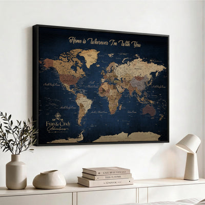57774467D-MGV-CV-36X24 - Custom Push Pin World Map Wall Art Canvas Print – Personalized Travel Tracker with Pins Framed Large for Home and Office Decor