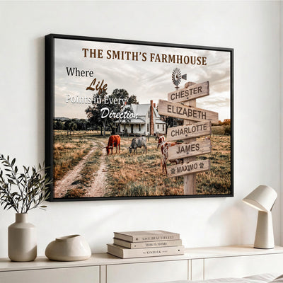 Personalized Farmhouse Family Signpost Canvas, Custom Name Wall Art
