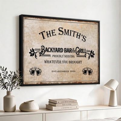 Custom Backyard Bar & Grill Sign, Personalized Family Name Arch Canvas