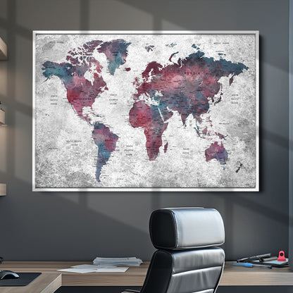 Push Pin World Map Canvas Print – Framed Wall Art for Couples to Track Their Travels – Anniversary Gift or Home Adventure Decor
