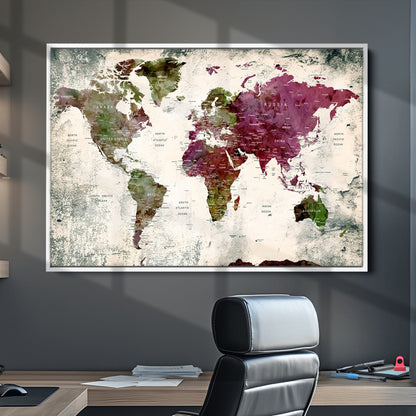 Push Pin World Map Canvas Print – Framed Wall Art for Couples to Track Their Travels – Anniversary Gift or Home Adventure Decor