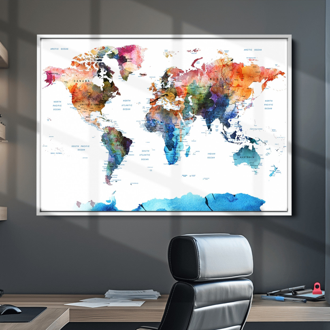 Push Pin World Map Canvas Print – Framed Wall Art for Couples to Track Their Travels – Anniversary Gift or Home Adventure Decor