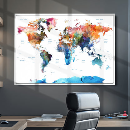 Push Pin World Map Canvas Print – Framed Wall Art for Couples to Track Their Travels – Anniversary Gift or Home Adventure Decor
