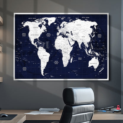 Push Pin World Map Canvas Print – Framed Wall Art for Couples to Track Their Travels – Anniversary Gift or Home Adventure Decor