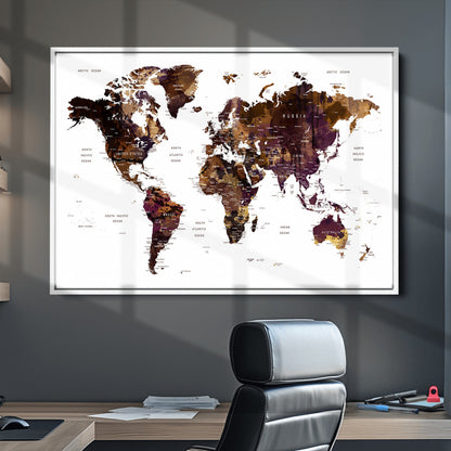 Push Pin World Map Canvas Print – Framed Wall Art for Couples to Track Their Travels – Anniversary Gift or Home Adventure Decor