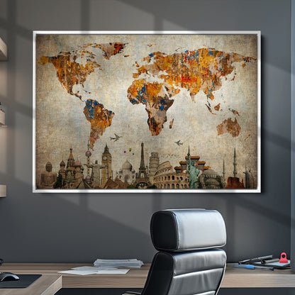 Push Pin World Map Canvas Print – Framed Wall Art for Couples to Track Their Travels – Anniversary Gift or Home Adventure Decor