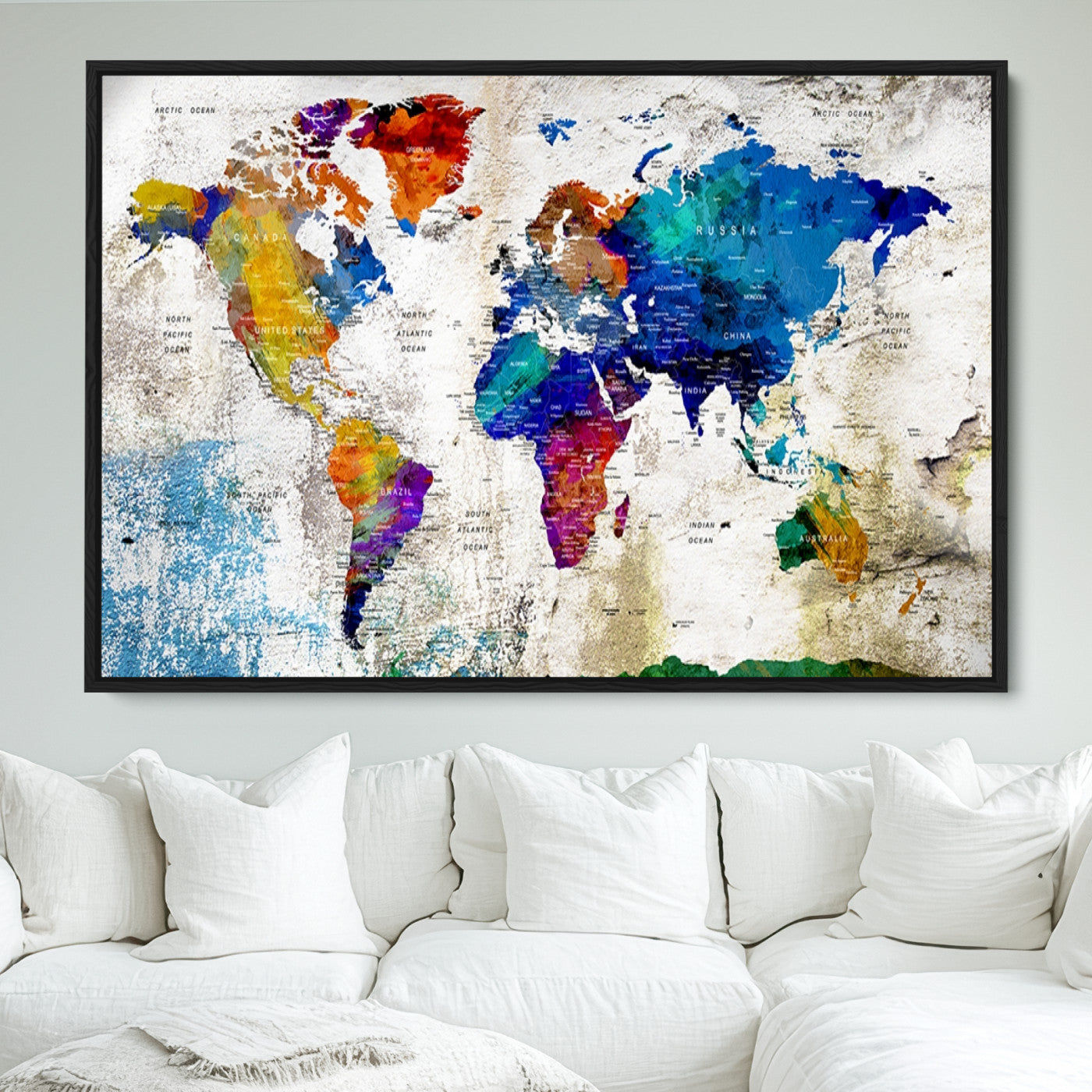 Push Pin World Map Canvas Print – Framed Wall Art for Couples to Track Their Travels – Anniversary Gift or Home Adventure Decor