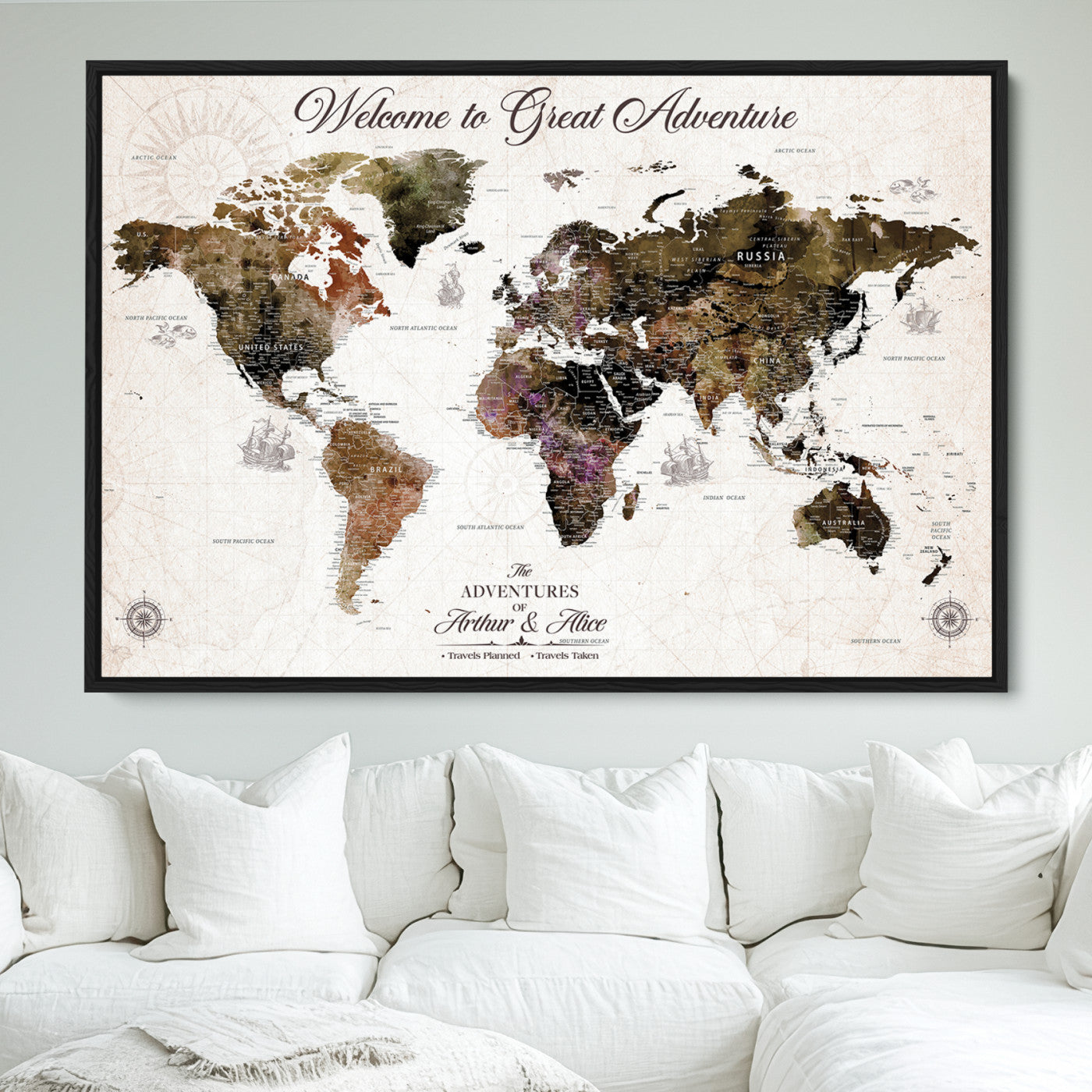 35778202-MGV-FC-36X24_Black-Custom Push Pin World Map Wall Canvas Print – Personalized Travel Map with Pins – Framed Large Canvas for Home Office Decor
