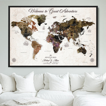 35778202-MGV-FC-36X24_Black-Custom Push Pin World Map Wall Canvas Print – Personalized Travel Map with Pins – Framed Large Canvas for Home Office Decor