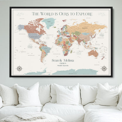 90968866-MGV-FC-36X24_Black-Custom Push Pin World Map Wall Canvas Print – Personalized Travel Tracker with Pins – Framed Large Multi-Size Canvas for Home Office Decor