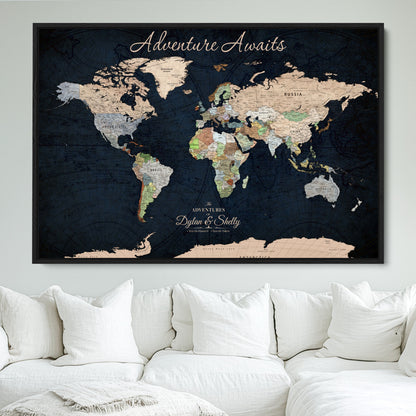 43186793-MGV-FC-30X20_Black-Personalized World Map Print, Customizable Push Pin Framed World Map Print on Canvas - Custom Quote on Map Print