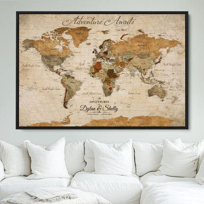 20810820-MGV-FC-30X20_Black-Personalized World Map Print, Customizable Push Pin Framed World Map Print on Canvas - Custom Quote on Map Print