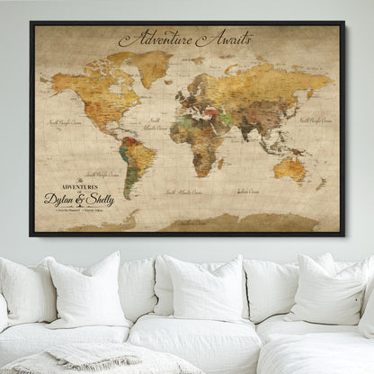 50298017-MGV-FC-36X24_Black-Personalized World Map Print, Customizable Push Pin Framed World Map Print on Canvas - Custom Quote on Map Print