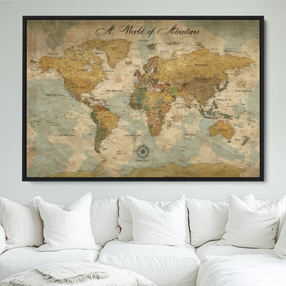 75690627-MGV-FC-36X24_Black-Personalized World Map Print, Customizable Push Pin Framed World Map Print on Canvas - Custom Quote on Map Print,