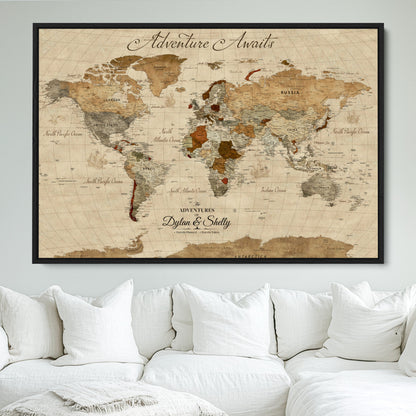 29054239-MGV-CV-36X24-Personalized World Map Print - Customizable Push Pin Framed World Map Print on Canvas - Custom Quote on Map Print